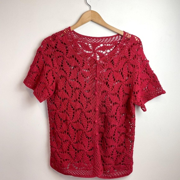 Unbranded Tops - Vintage 90s Sheer Boho Crochet Lace Top Red Sz Medium Open Weave Coastal Cowgirl